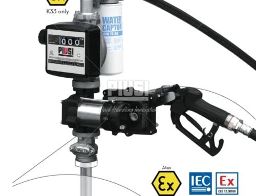 Бочковой комплект DRUM EX50 230V + K33 ATEX + aut. nozzle  220В 50л/мин, с счетчиком, с автоматическим пистолетом и фильтром сепаратором воды F0037601B для перекачки бензина, дизтоплива и керосина, PIUSI Италия
